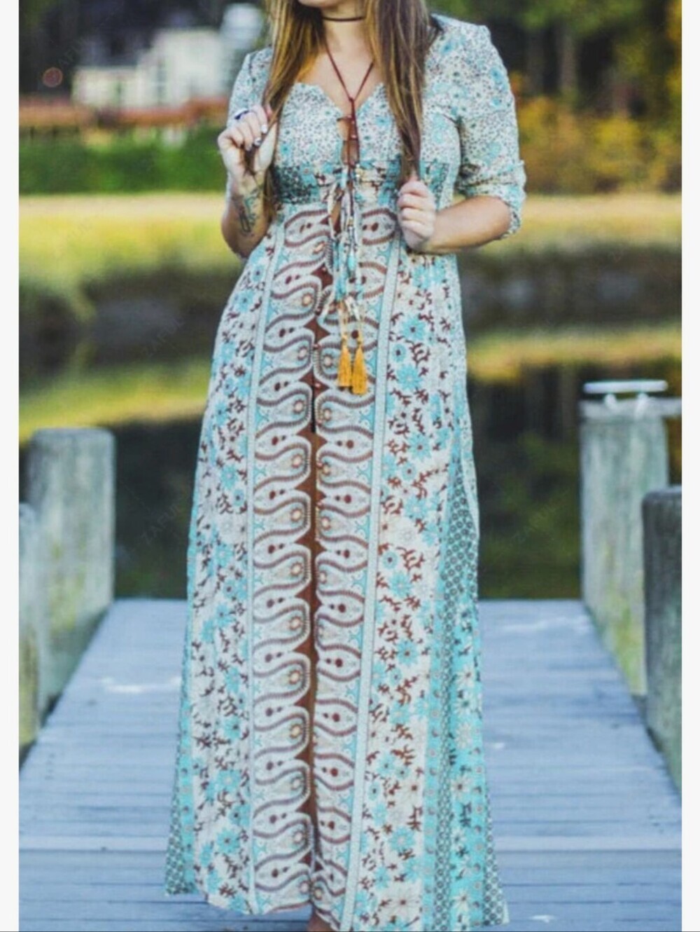 Bohemian Sheer Light Blue Floral Print Dress OS